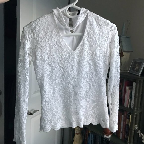 White Ivory Floral Embroidered Lace Double Layered Sheer Long Sleeve Top - Picture 2 of 16